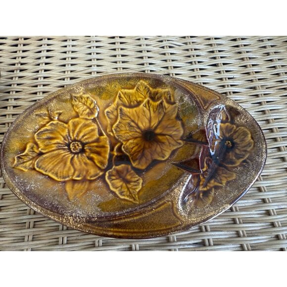Vintage MCM California Pottery Ashtray Cigarette Box Set Brown Gold Floral - Picture 11 of 15